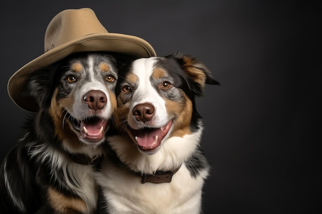 Photo two beautiful purebred dogsin hat together with copy space