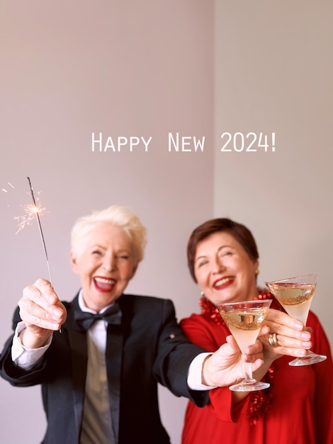 Two beautiful stylish mature senior women celebrating new year Fun party style celebration conce