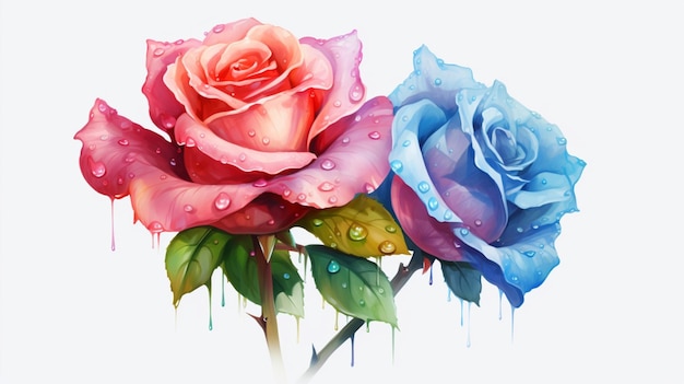 Two beautiful watercolor roses flowers water drops image AI generated art