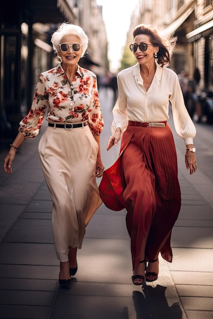 Two beautiful woman in elegant stylish clothing walking together along the street High quality phot