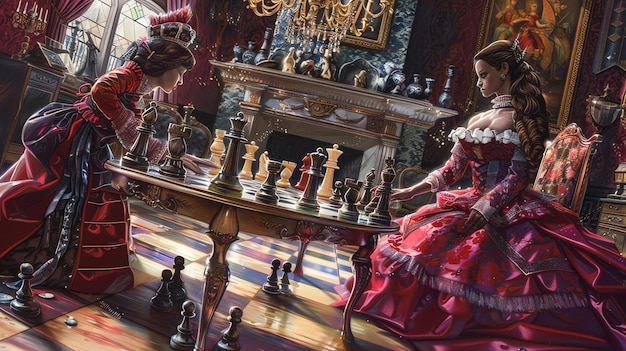 Фото Две красивые женщины в красных платьях играют в шахматы в роскошной комнате комната украшена прекрасной мебелью и картинами
