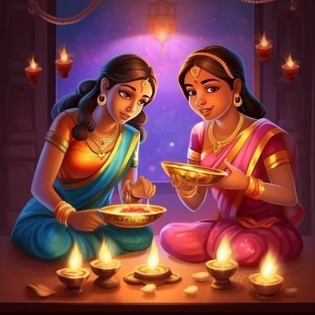 Две красивые женщины в сари зажигают масляную лампу в ночь Дивали.