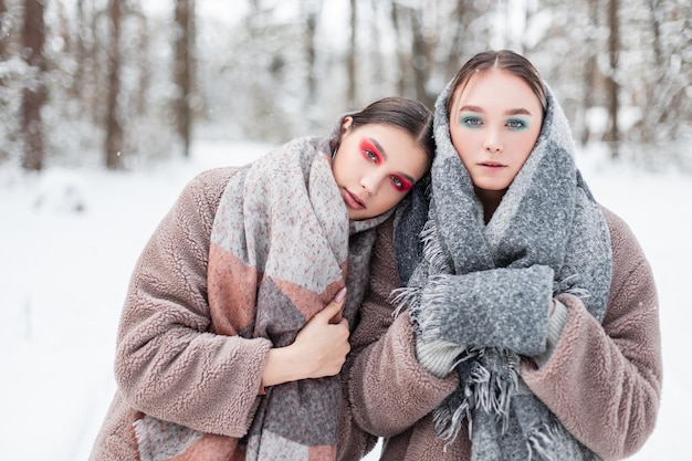 雪のウィンターパークで毛皮のコートとスカーフのストランドとファッション冬のヴィンテージの服で明るい化粧をした2人の美しい若い姉妹のガールフレンドの女性。ロシアの女性スタイルの服