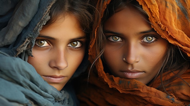 Two beautiful young women in India closeup portrait