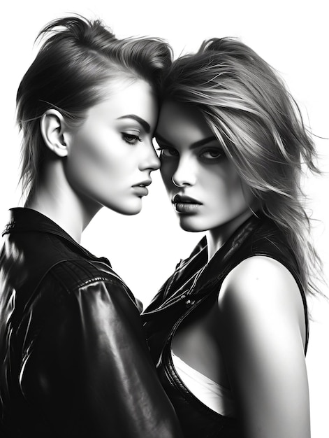 two beautiful young women standing next to each other on a white background