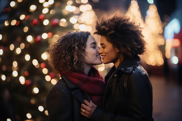 Two beautiful young women in warm clothes kiss on the background of the Christmas tree