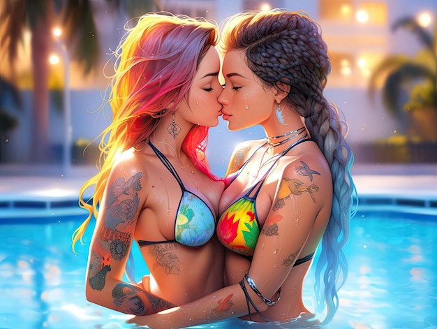 AI Art Generator: Girls kissing and hugging in bikinis