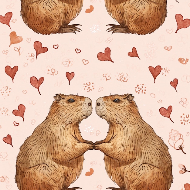 Photo two beavers are sitting on their hind legs with hearts in the background generative ai