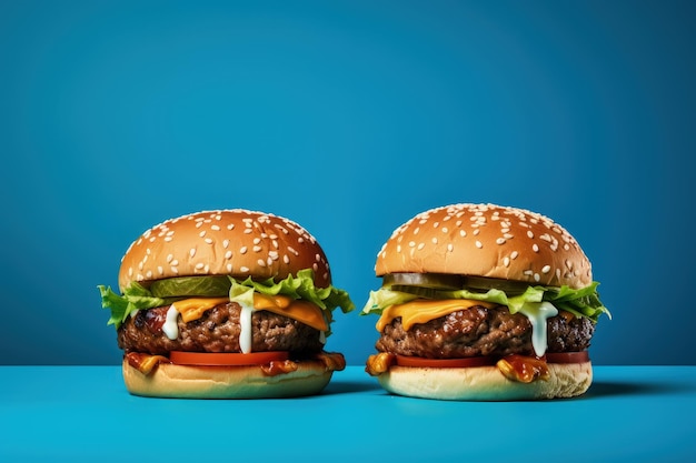 Two beef burgers on wooden table blue background