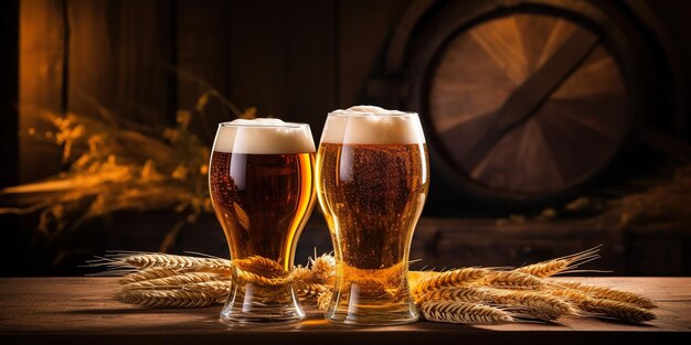 Two beer glasses and a beer barrel with wheat on a wooden table