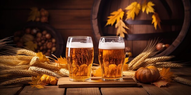 Two beer glasses and a beer barrel with wheat on a wooden table