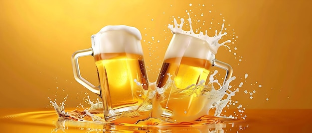 two beer mugs clinking together with beer sloshing out in a dynamic splash against a warm sunlit amb