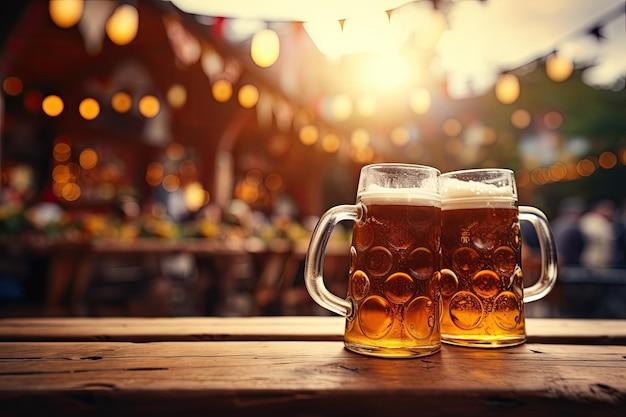 Two beers one light and one dark sit on a table amid blurred festival goers marking the German tradi