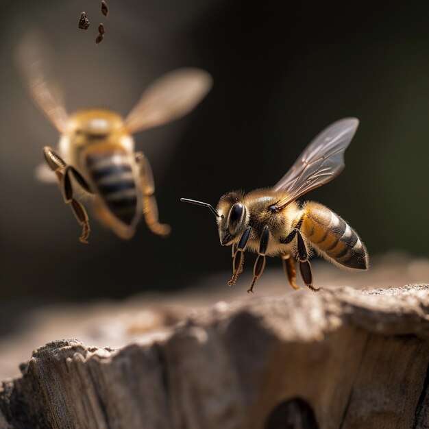 Two bees are flying next to each other, one of which is about to fly.