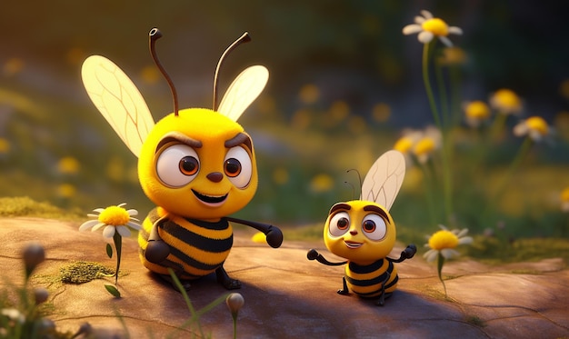 two bees are holding hands and one has a bee on his head