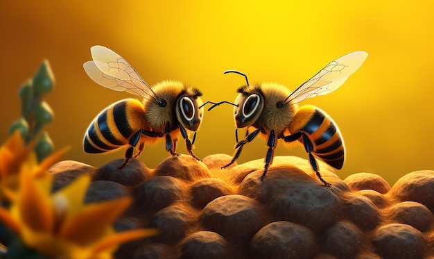 two bees are looking up at a bee