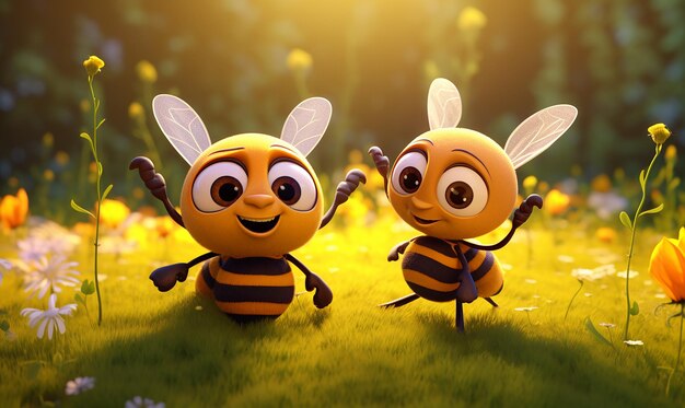 two bees are sitting in the grass and one has a smile on his face