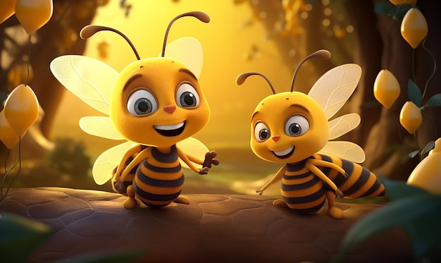 two bees are standing next to each other and one has a yellow background