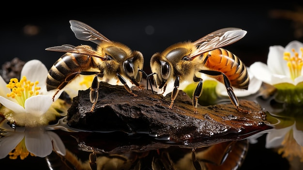水と花の近くの2匹のミツバチ 横の写真 自然