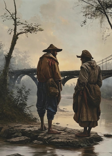 사진 두 명의 구걸이가 큰 새 다리 쪽으로 다가와서 멀리 바라보며 강변에 서 있다.