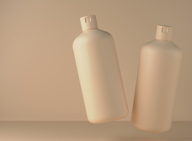 Foto due flaconi di shampoo in plastica beige galleggianti sullo sfondo dello studio rendering 3d di imballaggi cosmetici