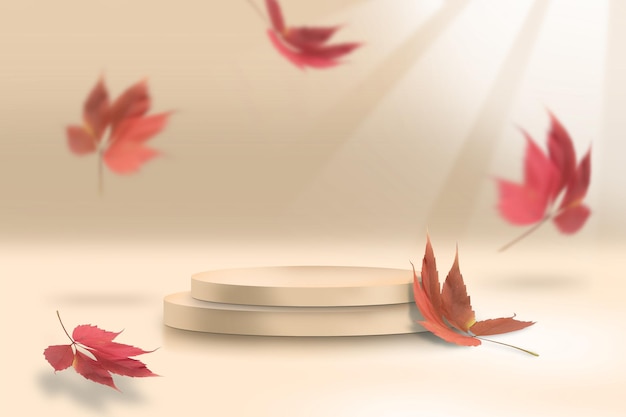 Two beige product presentation podiums with red-orange leaves in the air.