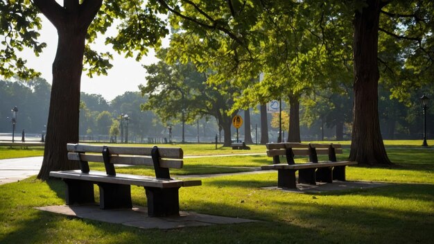 Photo two benches in a serene urban park with lush greenery