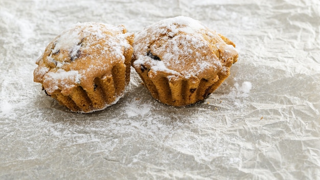 Two berry cupcakes sprinkled with powdered sugar