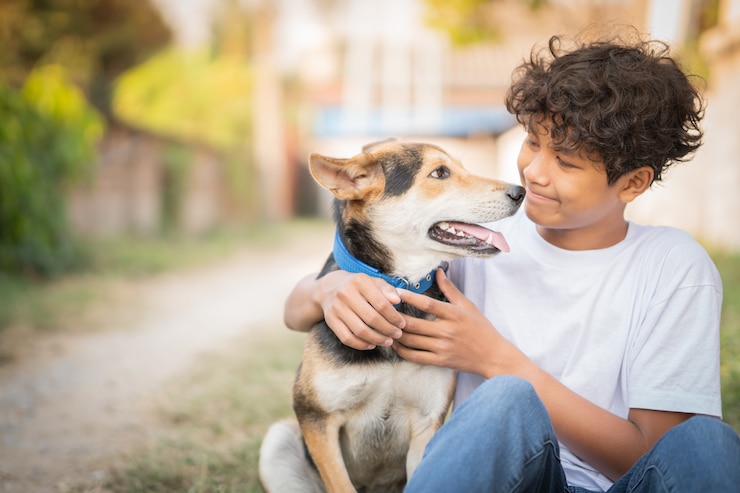 Photo two best friends boy and his dog have a lovely time