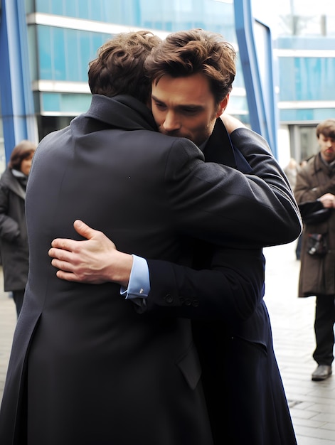 Two best friends hug with emotion on the street