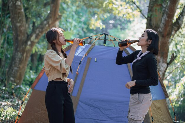 Two bestie having fun together Relax in hiking camp