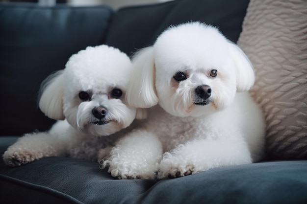 Two bichon frise dogs on a couch