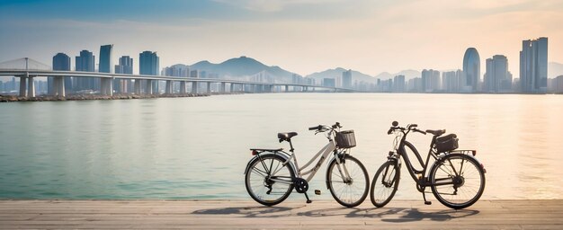 Photo two bikes on incheon island hopping adventure exploring coastal breezes and city views in south kor