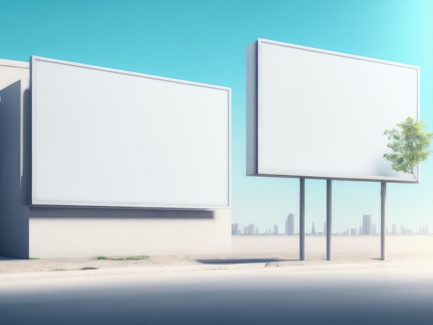 Two billboards are on a road and one is a white one.