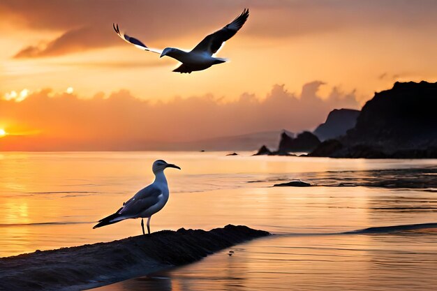Premium AI Image | two birds are flying over the ocean and one is