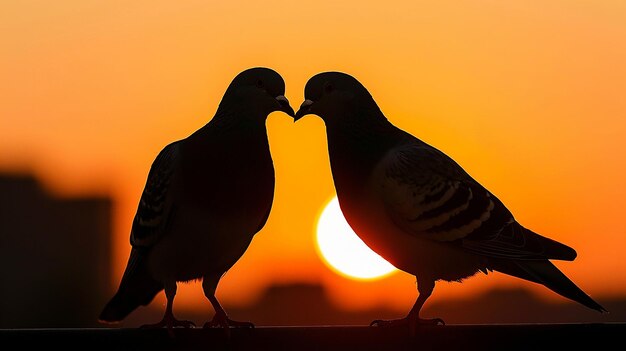 two birds are kissing in front of a sunset