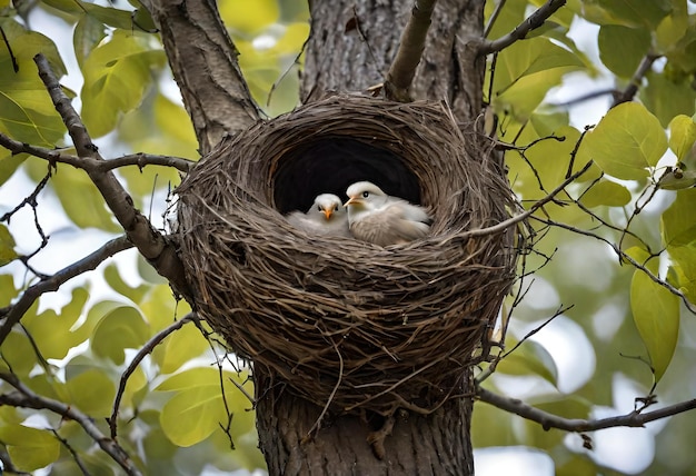 two birds are in a nest with a nest in the tree