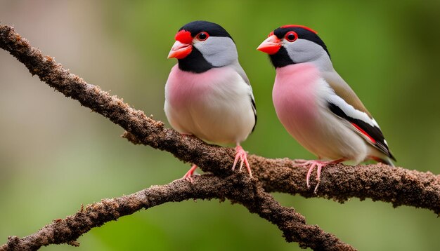 two birds are perched on a branch one has a red beak