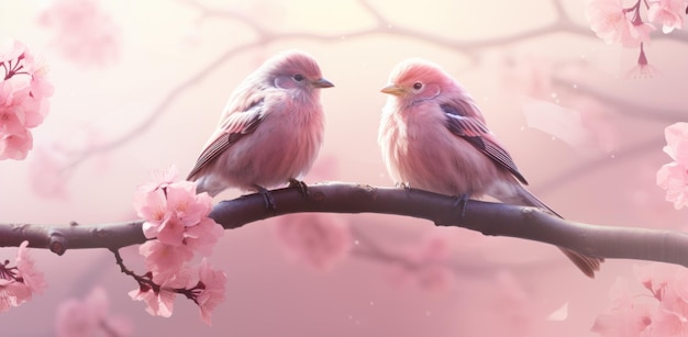 Foto due uccelli sono seduti su un ramo di fiori rosa