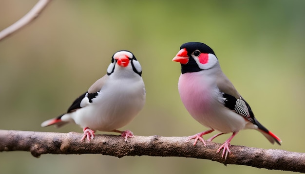 two birds are sitting on a branch one has a red eye