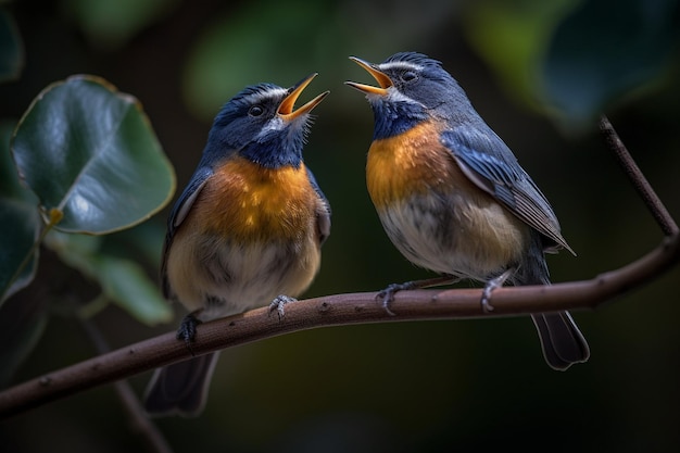 Two birds are sitting on a branch, one has a yellow beak.