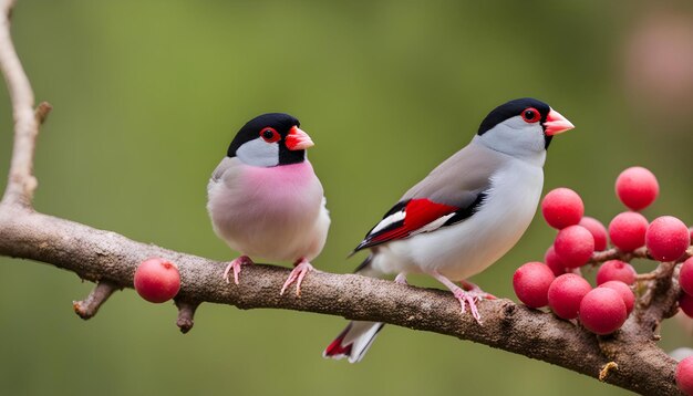two birds are sitting on a branch with one has a red beak and the other has a red eye