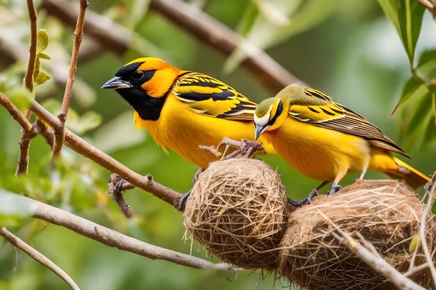 Two birds are sitting on a branch with one of them has a black beak.