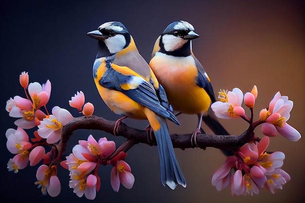 Two birds are sitting on a branch with pink flowers.