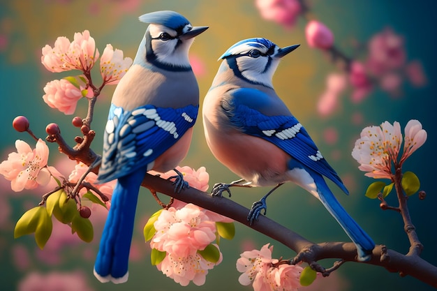 Two birds are sitting on a branch with pink flowers.