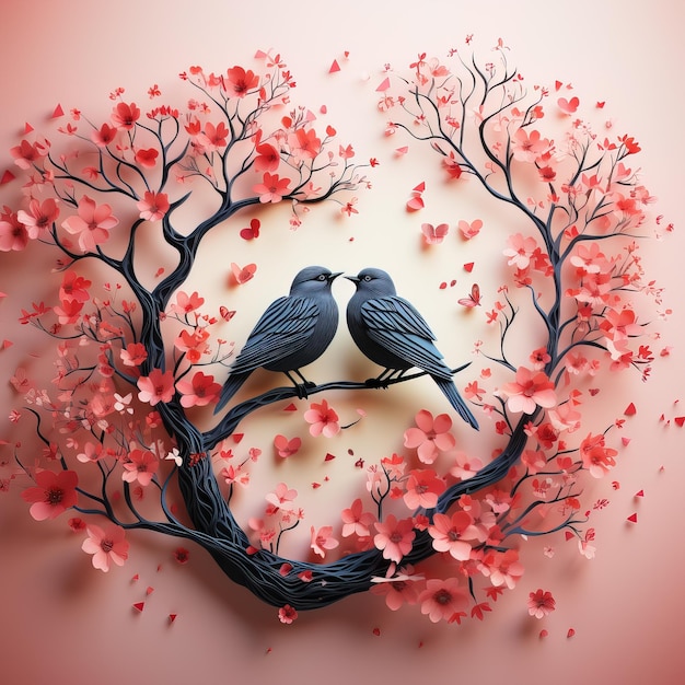 two birds are sitting in a circle of pink flowers