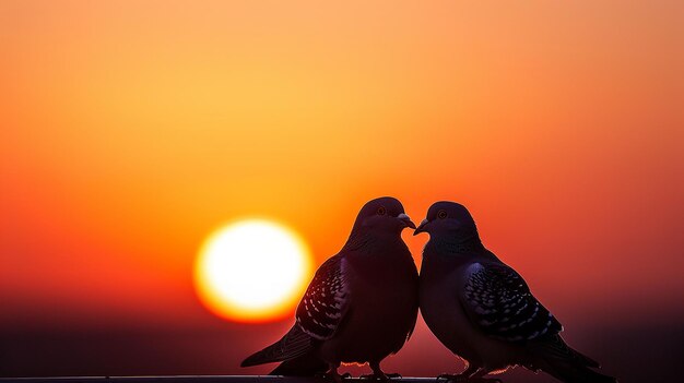 2匹の鳥がフェンスに座っており1匹の鳥は背景に日没しています