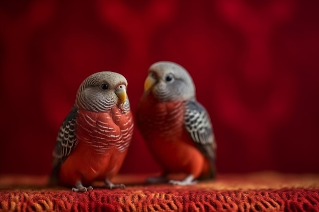 Фото Две птицы сидят на красной и оранжевой ткани.