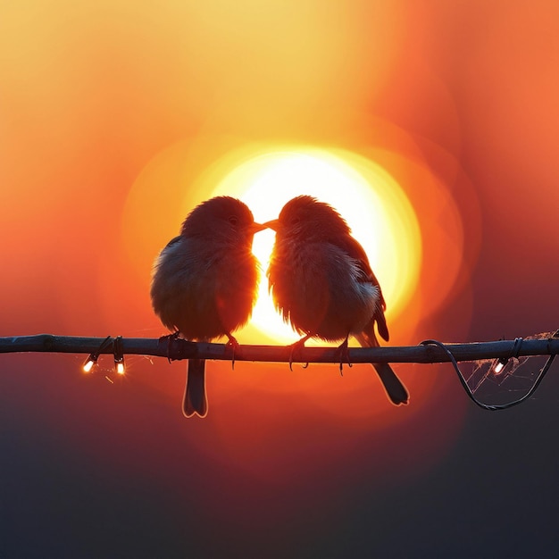Photo two birds are sitting side by side on the wire in an u shape at sunset in the style of love and romance photorealistic landscapes warmcore wimmelbilder shaped canvas lens flare valentine hugo