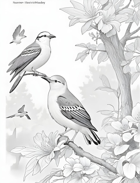 Two birds are sitting on a tree and one has a white background with a drawing of a tree